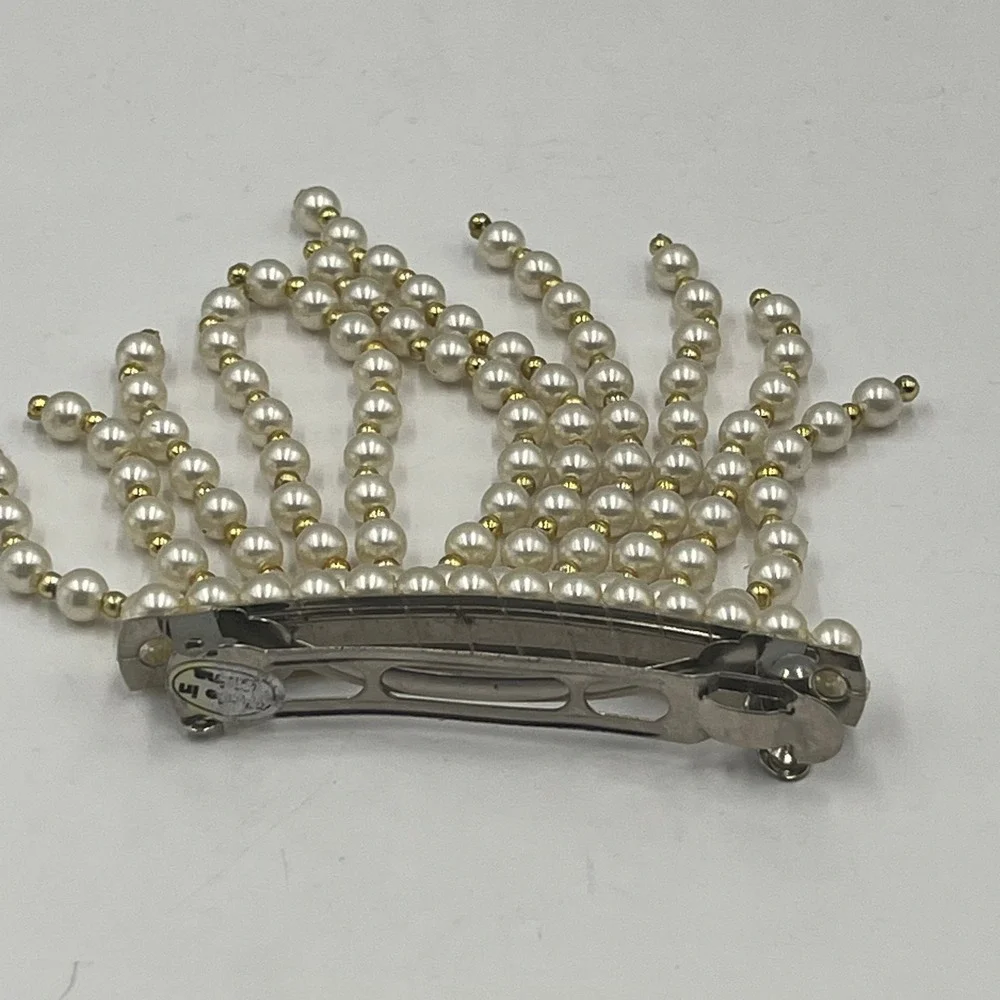 Vintage 2pc Faux Pearl Hair Barrette Set‎ Waterfall Fringe Drape Beaded Wedding - Picture 6 of 11